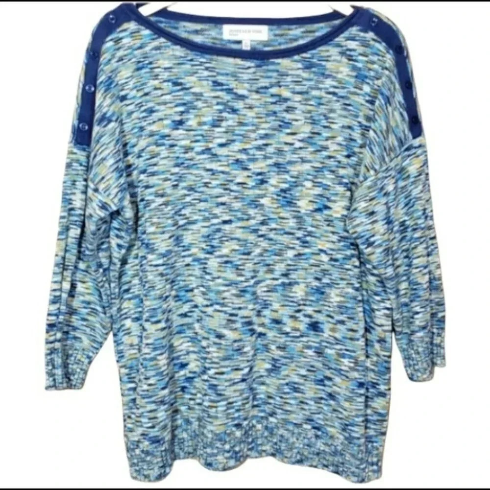 Jones New York Sport Sweater XL Blue Space Dye Button Shoulder Boat Neck 3/4 Slv